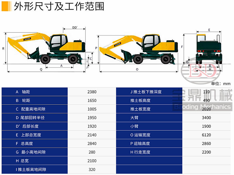 寶鼎80輪式挖掘機參數圖A